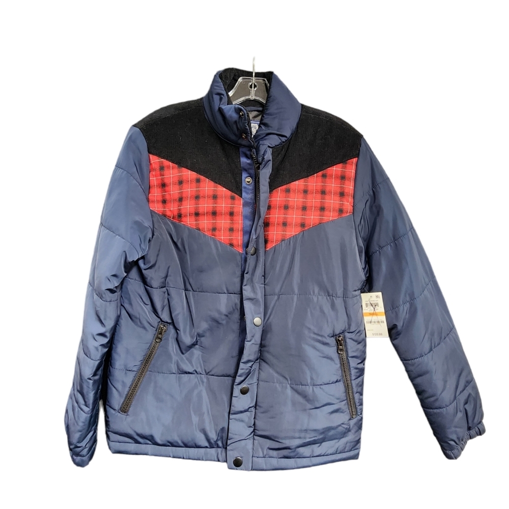 NWT American Rag Puffer Jacket Navy Blue Plaid Red Button Zip-Up Size Small